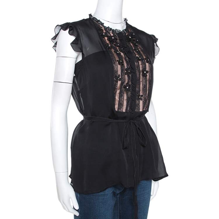 Pre Owned Valentino Black Silk Floral Embellished Lace Trim Blouse L