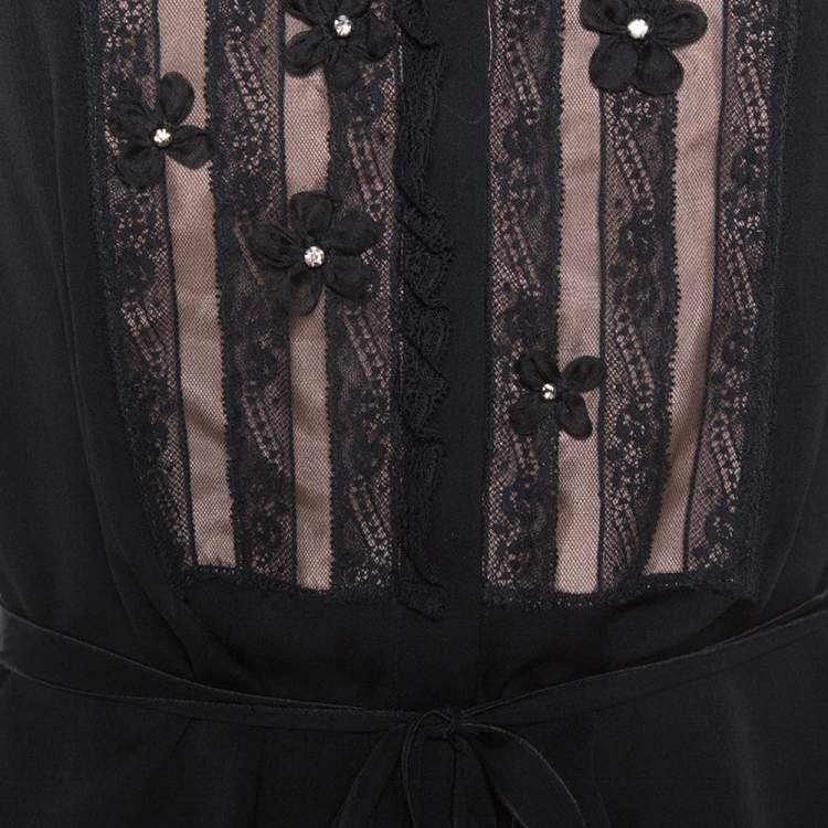 Pre Owned Valentino Black Silk Floral Embellished Lace Trim Blouse L