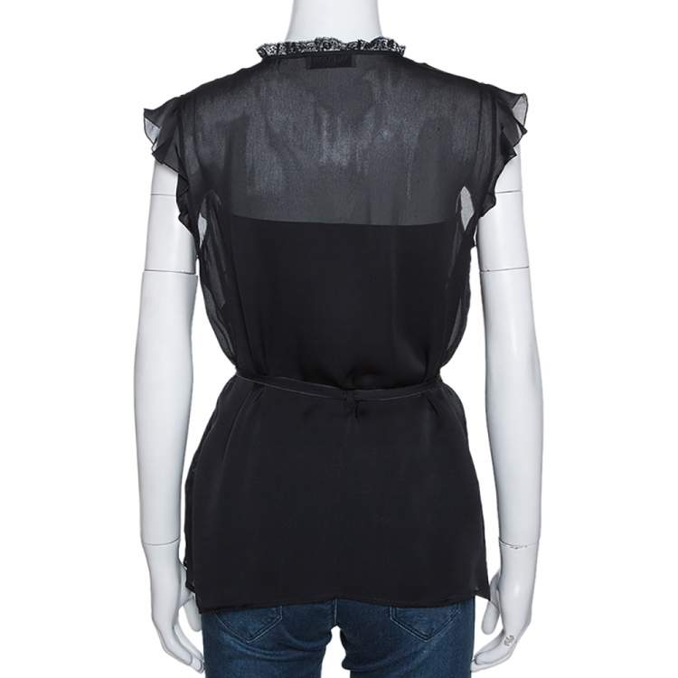 Pre Owned Valentino Black Silk Floral Embellished Lace Trim Blouse L