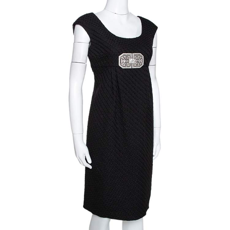 Pre Owned Valentino Black Textured Wool Bejewelled Sheath Dress M