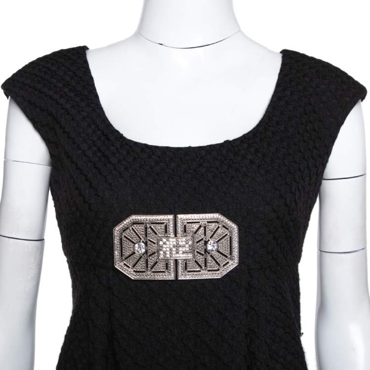 Pre Owned Valentino Black Textured Wool Bejewelled Sheath Dress M