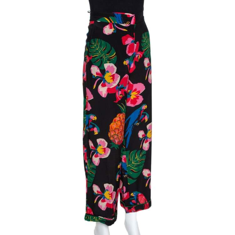 Pre Owned Valentino Multicolor Silk Tropical Print Wide Leg Pants S