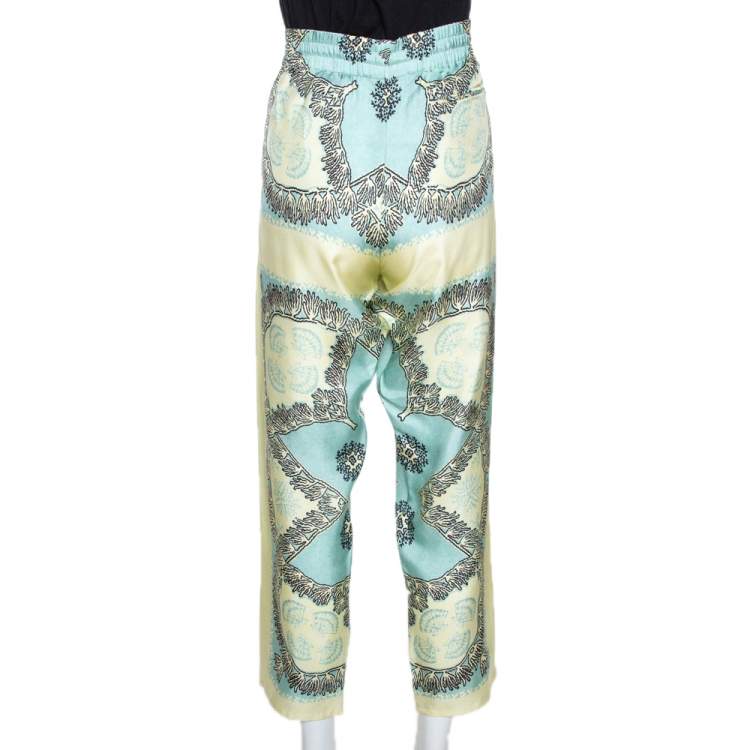 Pre Owned Valentino Turquoise and Yellow Printed Silk Pajama Pants L