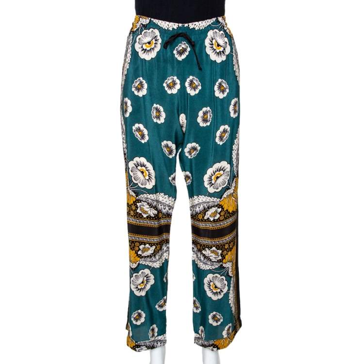 Pre Owned Valentino Green Floral Printed Silk Elasticised Waist Pants M 