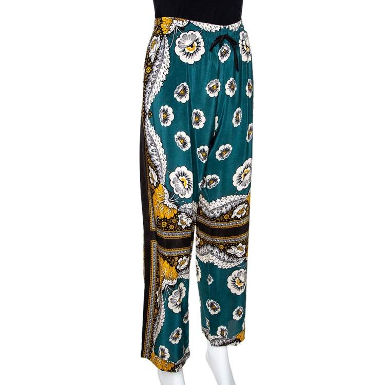 Pre Owned Valentino Green Floral Printed Silk Elasticised Waist Pants M 