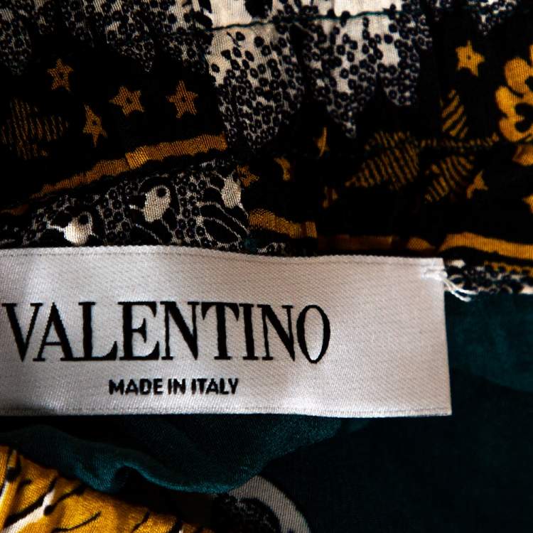 Pre Owned Valentino Green Floral Printed Silk Elasticised Waist Pants M 