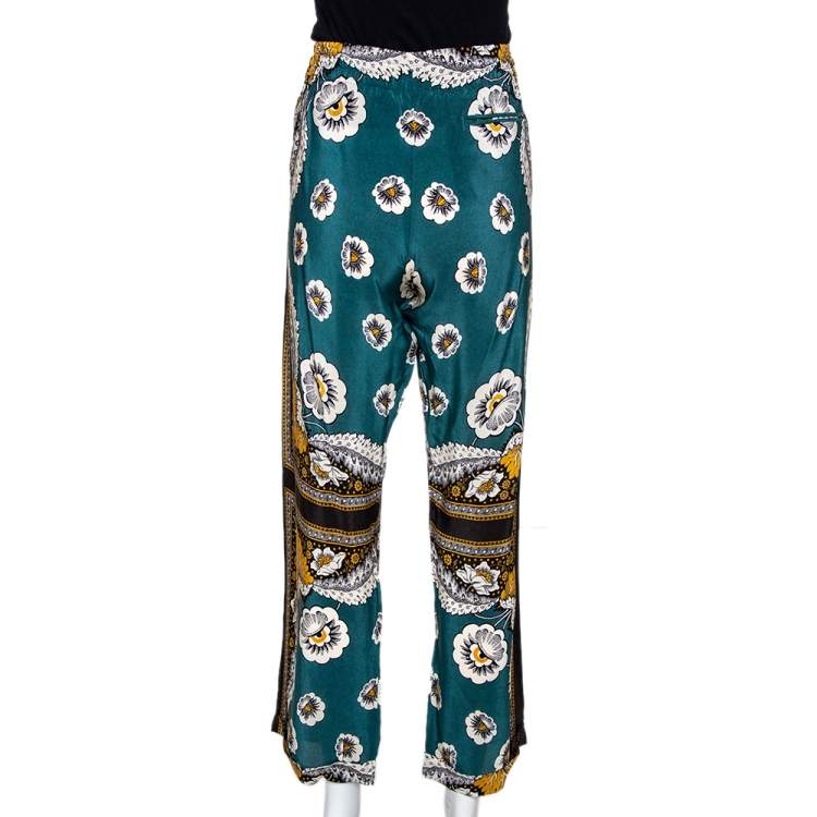 Pre Owned Valentino Green Floral Printed Silk Elasticised Waist Pants M 