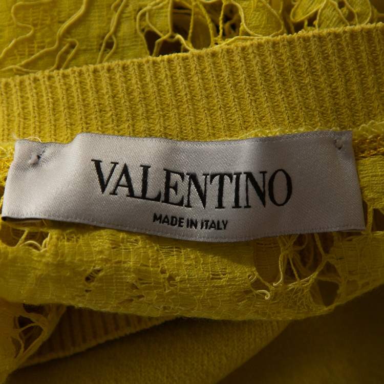 Pre Owned Valentino Yellow Knit & Lace Short Sleeve Top M 