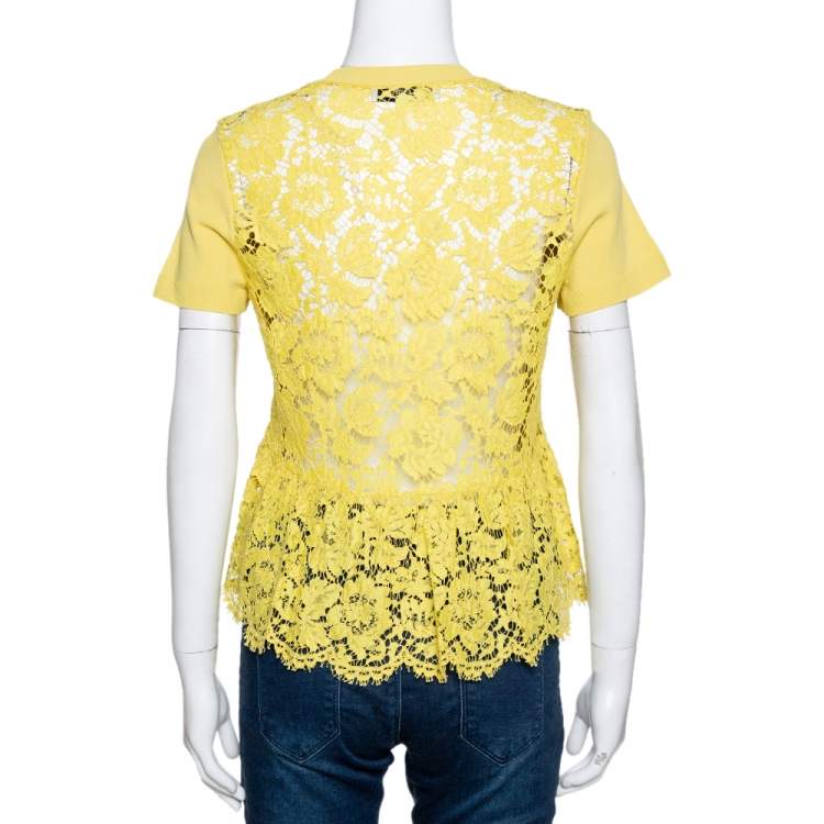 Pre Owned Valentino Yellow Knit & Lace Short Sleeve Top M 