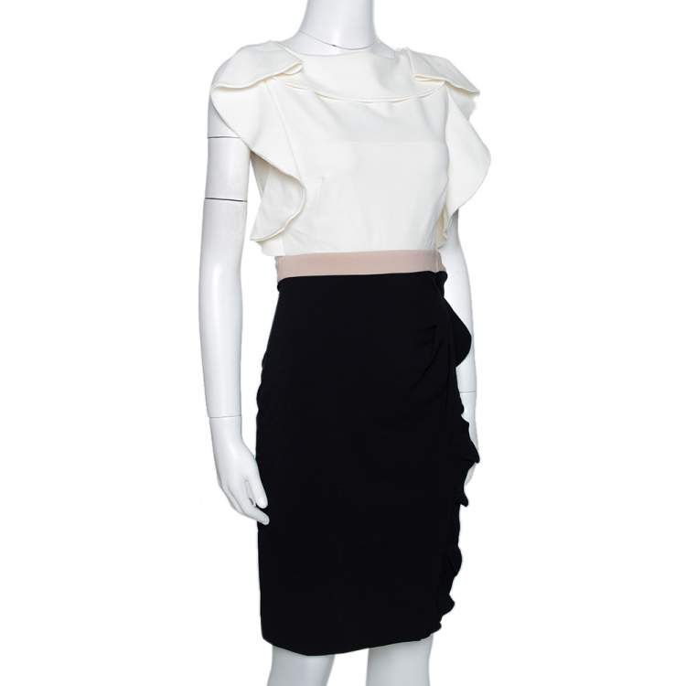 Pre Owned Valentino Colorblock Stretch Crepe Ruffled Fitted Dress M