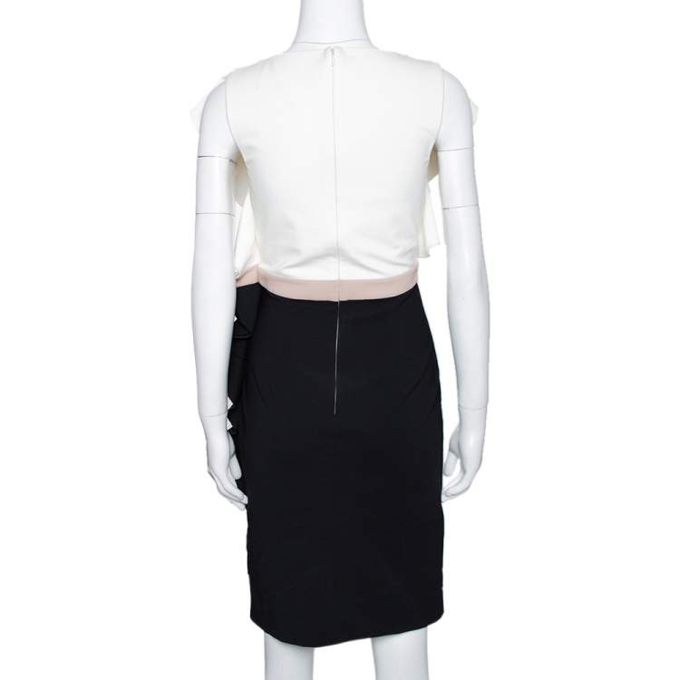 Pre Owned Valentino Colorblock Stretch Crepe Ruffled Fitted Dress M
