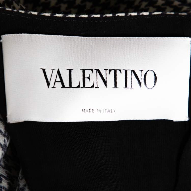 Pre Owned Valentino Black Houndstooth Print Wool Ruffle Trim Midi Dress S