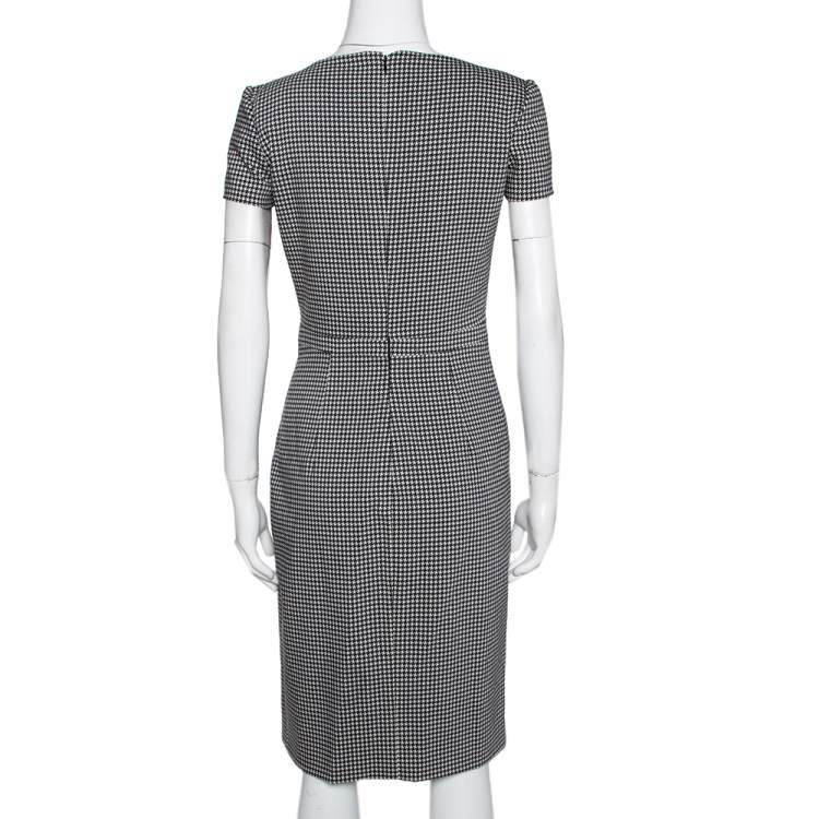 Pre Owned Valentino Black Houndstooth Print Wool Ruffle Trim Midi Dress S