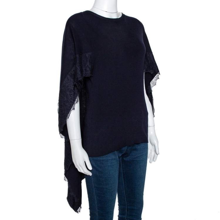 Pre Owned Valentino Black Wool Lace Trim Cape Top M