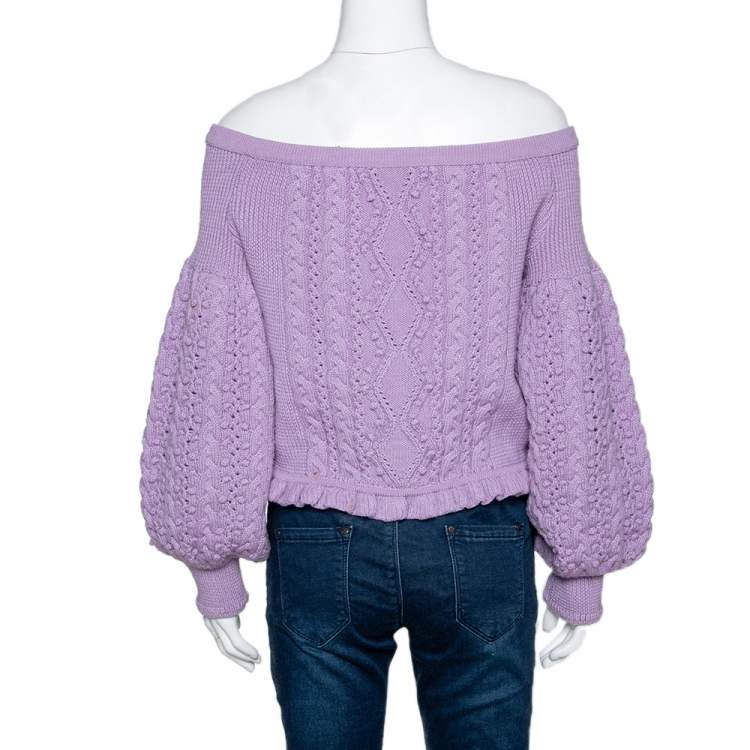 Pre Owned Valentino Lilac Wool Aran Knit Off Shoulder Sweater L