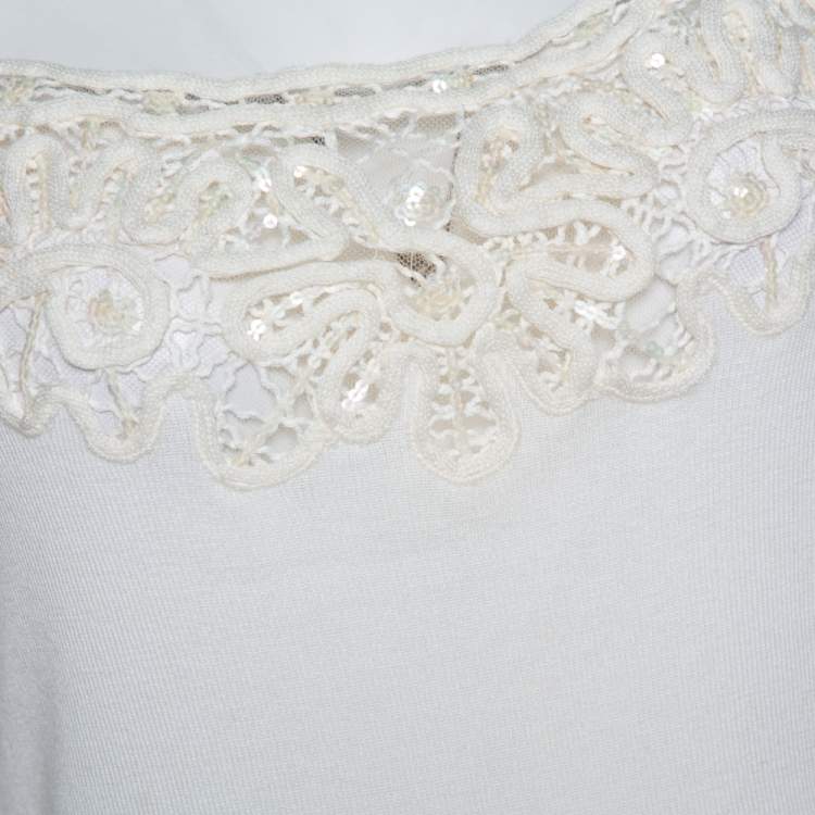 Pre Owned Valentino Off White Cotton Sequined Lace Trim Tank Top M