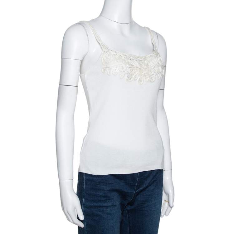 Pre Owned Valentino Off White Cotton Sequined Lace Trim Tank Top M