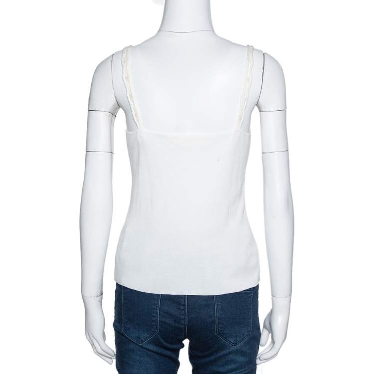 Pre Owned Valentino Off White Cotton Sequined Lace Trim Tank Top M