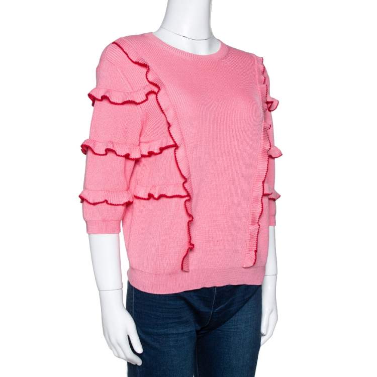 Pre Owned Valentino Pink Cotton Knit Ruffle Trim Sweater M 
