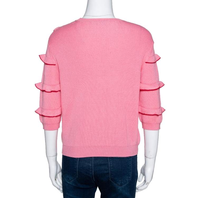 Pre Owned Valentino Pink Cotton Knit Ruffle Trim Sweater M 