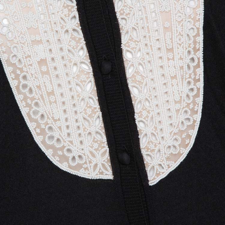 Pre Owned Valentino Black Silk Wool Blend Embellished Yoke Cardigan L