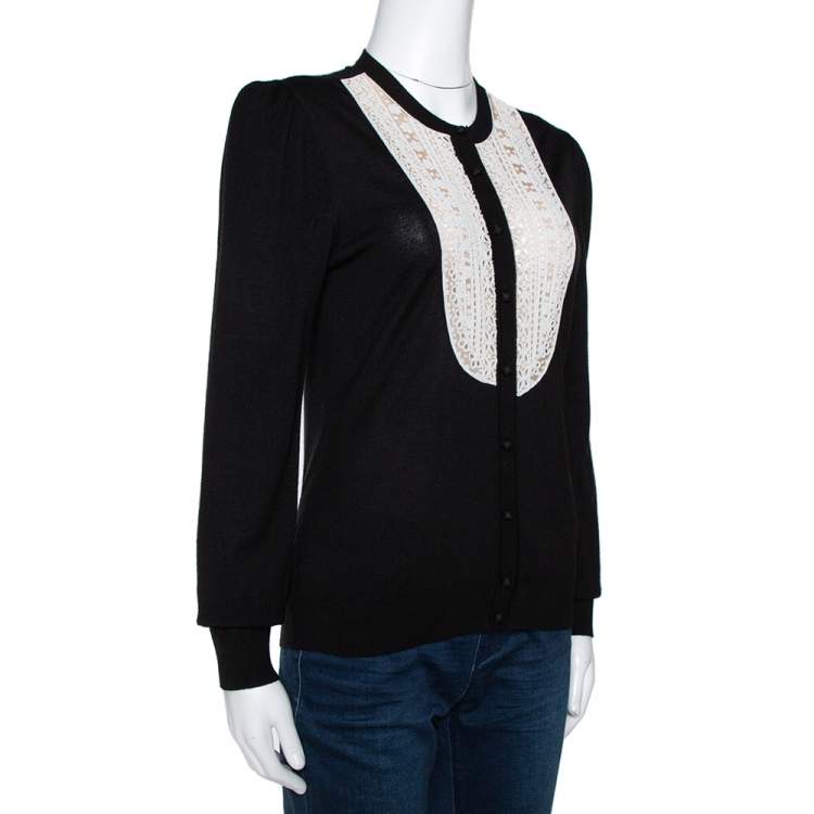Pre Owned Valentino Black Silk Wool Blend Embellished Yoke Cardigan L