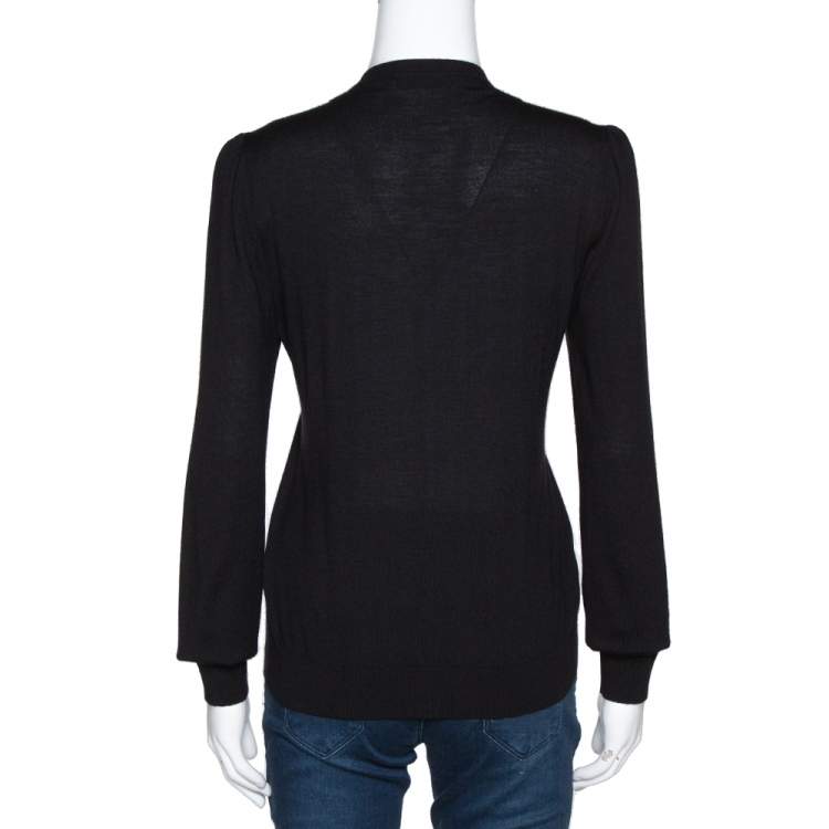 Pre Owned Valentino Black Silk Wool Blend Embellished Yoke Cardigan L