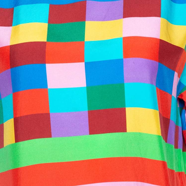 Pre Owned Valentino Multicolor Stripe & Check Print Silk Boxy Top S