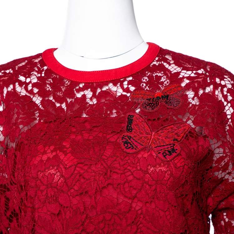 Pre Owned Valentino Red Lace Butterfly Appliqued Sheath Dress S