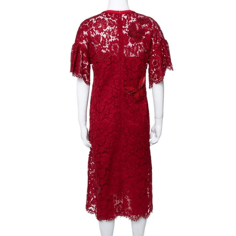Pre Owned Valentino Red Lace Butterfly Appliqued Sheath Dress S