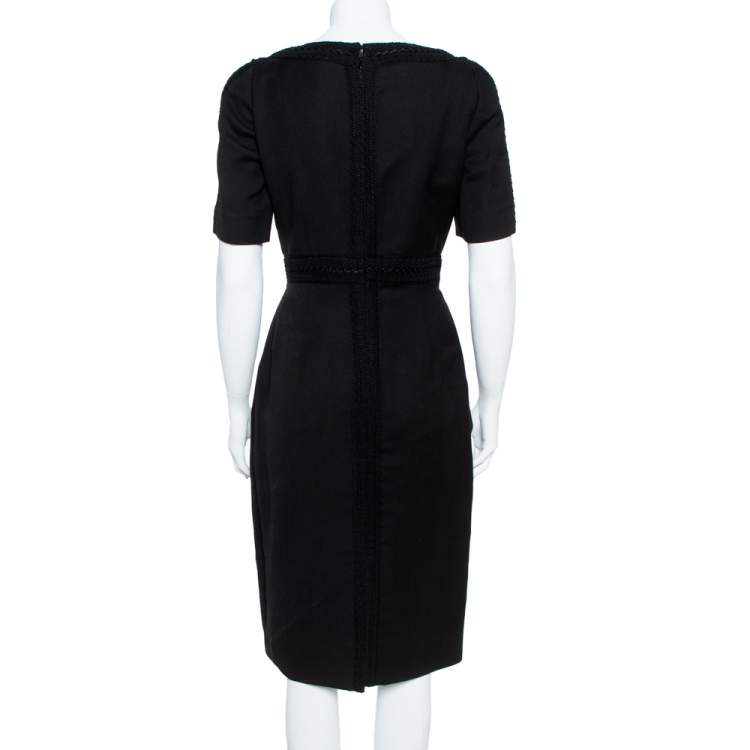 Pre Owned Valentino Black Silk Wool Tonal Lace Trim Sheath Dress L