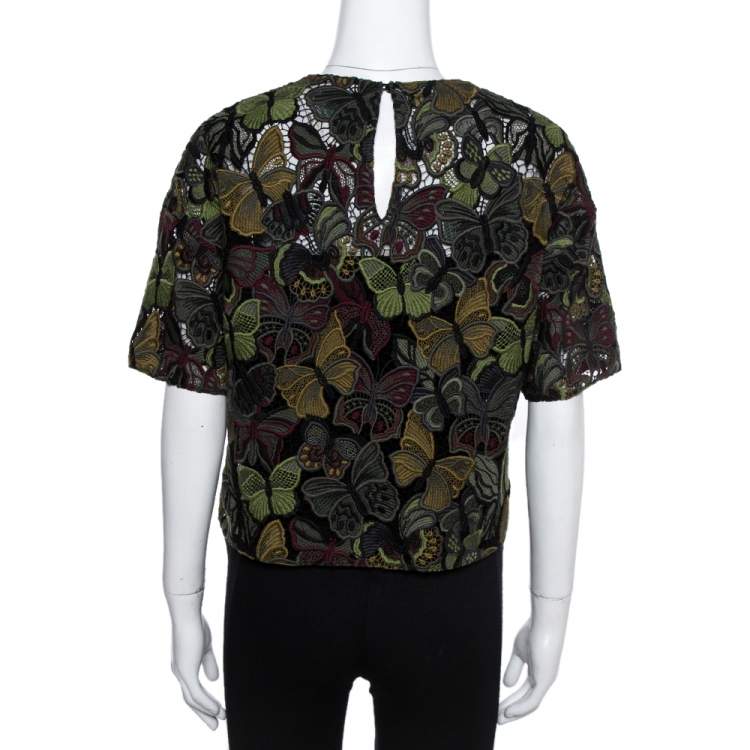 Pre Owned Valentino Green Butterfly Patterned Cotton Lace Cropped Top S