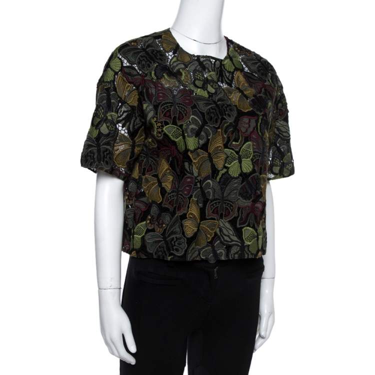 Pre Owned Valentino Green Butterfly Patterned Cotton Lace Cropped Top S