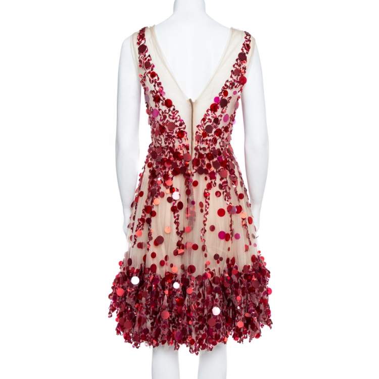 Pre Owned Valentino Cream & Red Paillette Embellished Tulle Dress M