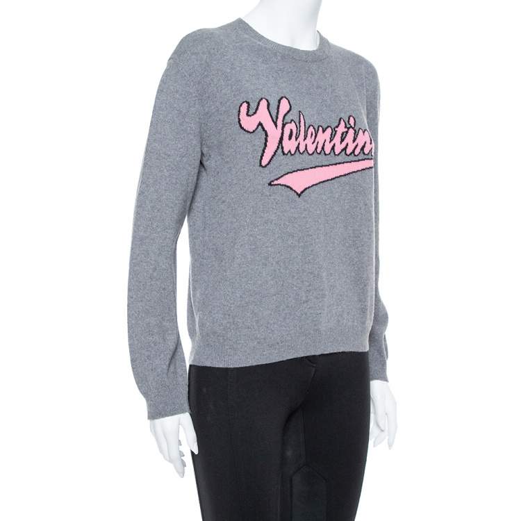 Pre Owned Valentino Grey Cashmere Blend Logo Intarsia Crewneck Sweater M