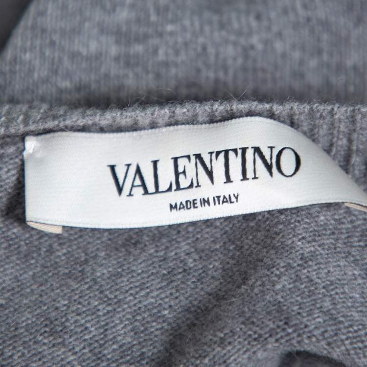 Pre Owned Valentino Grey Cashmere Blend Logo Intarsia Crewneck Sweater M