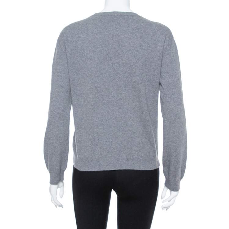 Pre Owned Valentino Grey Cashmere Blend Logo Intarsia Crewneck Sweater M