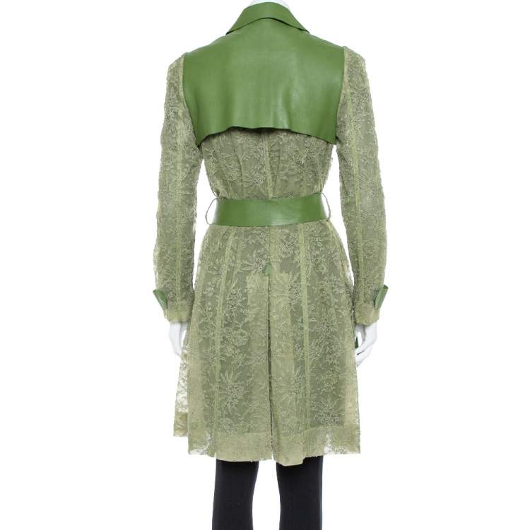 Pre Owned Valentino Green Leather & Lace Belted Trench Coat M