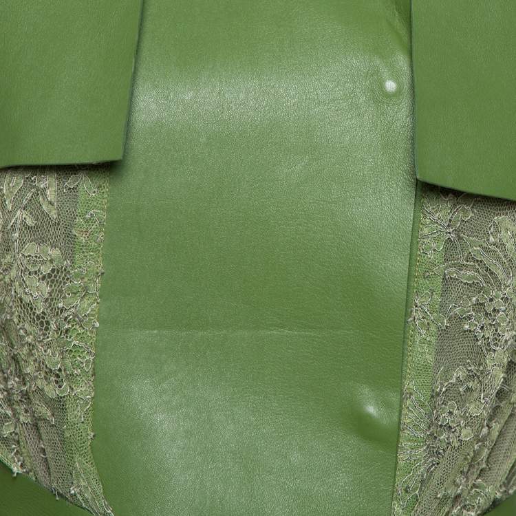 Pre Owned Valentino Green Leather & Lace Belted Trench Coat M