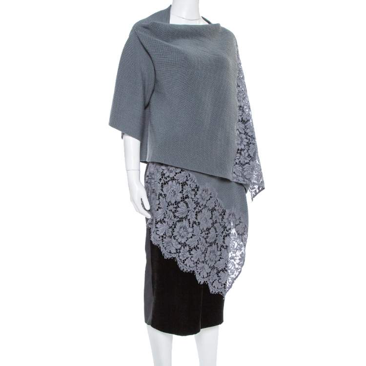 Pre Owned Valentino Grey Rib Knit & Lace Trim Wrap Cardigan XL 