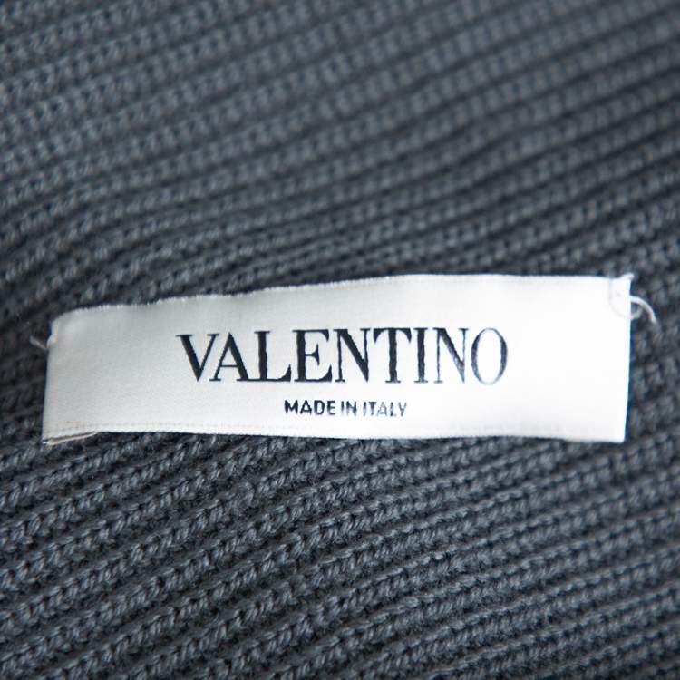 Pre Owned Valentino Grey Rib Knit & Lace Trim Wrap Cardigan XL 