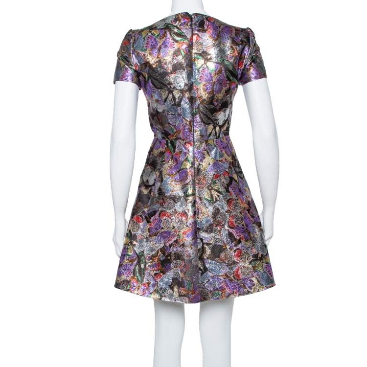 Pre Owned Valentino Multicolor Metallic Lurex Jacquard Butterfly Pattern A Line Dress M