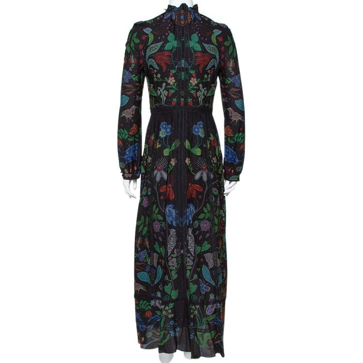 Pre Owned Valentino Black Watersong Printed Silk & Lace Trim Maxi Dress M