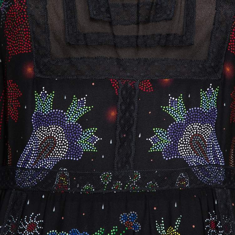 Pre Owned Valentino Black Watersong Printed Silk & Lace Trim Maxi Dress M