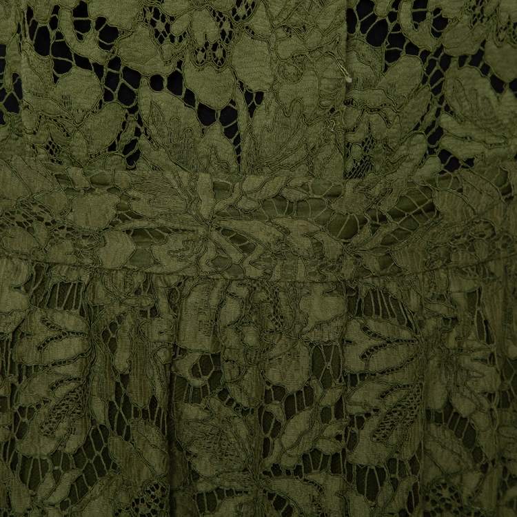 Pre Owned Valentino Green Lace Button Front Shirt & Midi Skirt Set S
