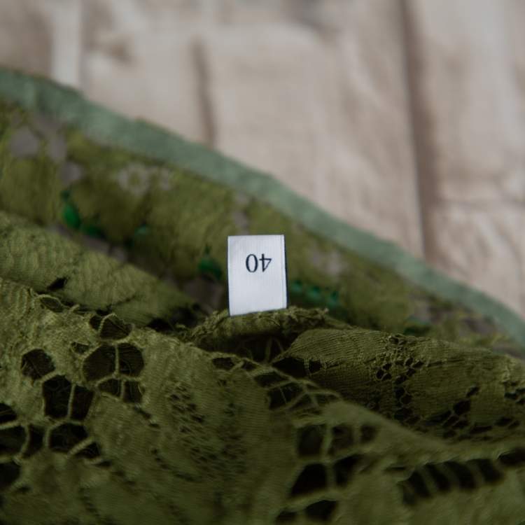 Pre Owned Valentino Green Lace Button Front Shirt & Midi Skirt Set S