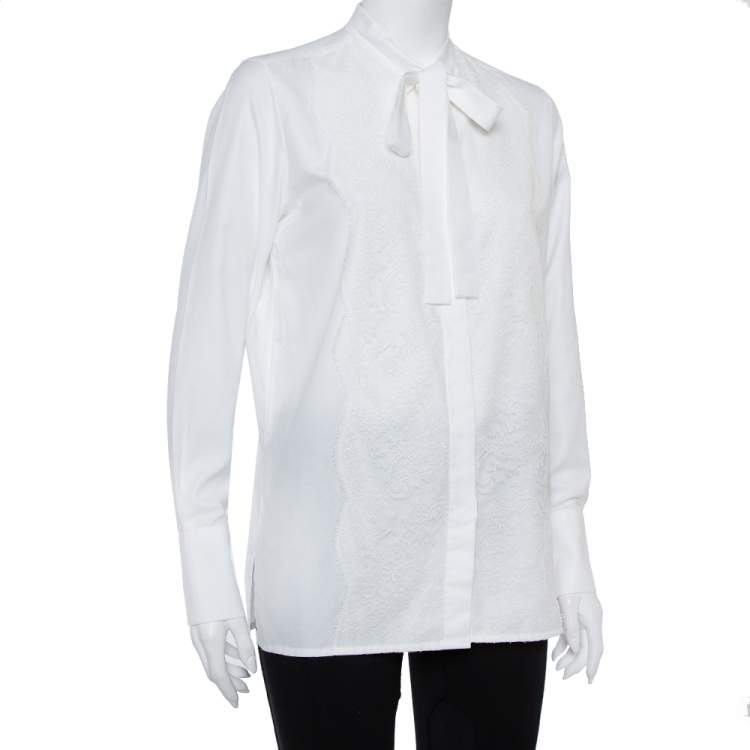 Pre Owned Valentino White Cotton Neck Tie Detail Lace Front Shirt M