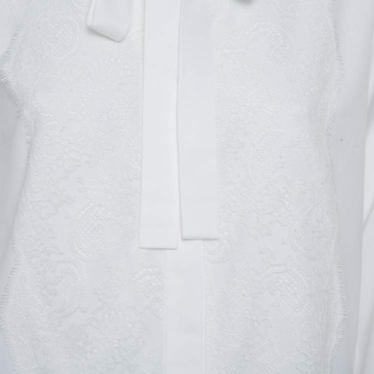 Pre Owned Valentino White Cotton Neck Tie Detail Lace Front Shirt M