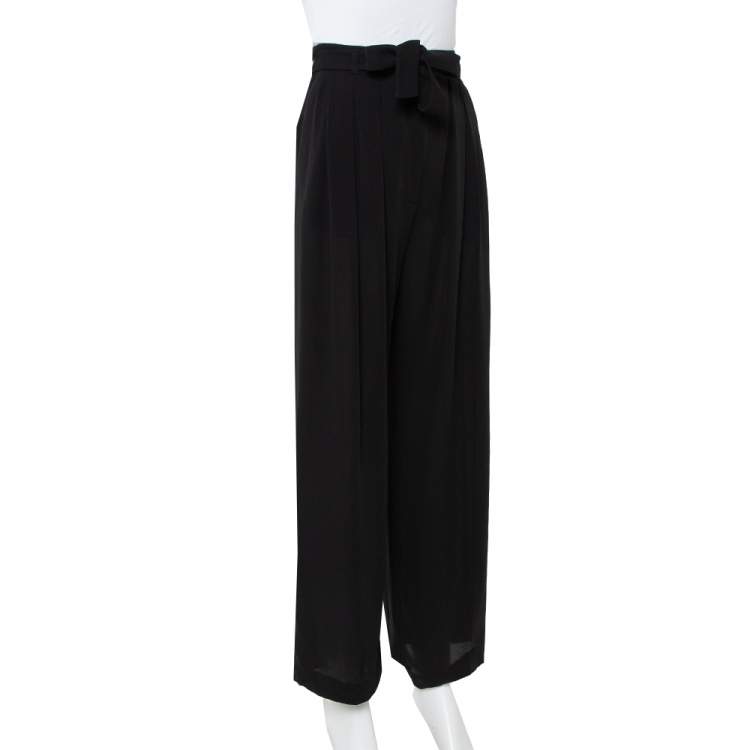 Pre Owned Valentino Black Silk Waist Tie Detail Belted Straight Leg Trousers M