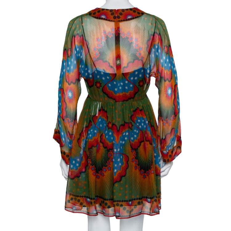 Pre Owned Valentino Multicolor Volcano Printed Silk Faux Wrap Mini Dress S